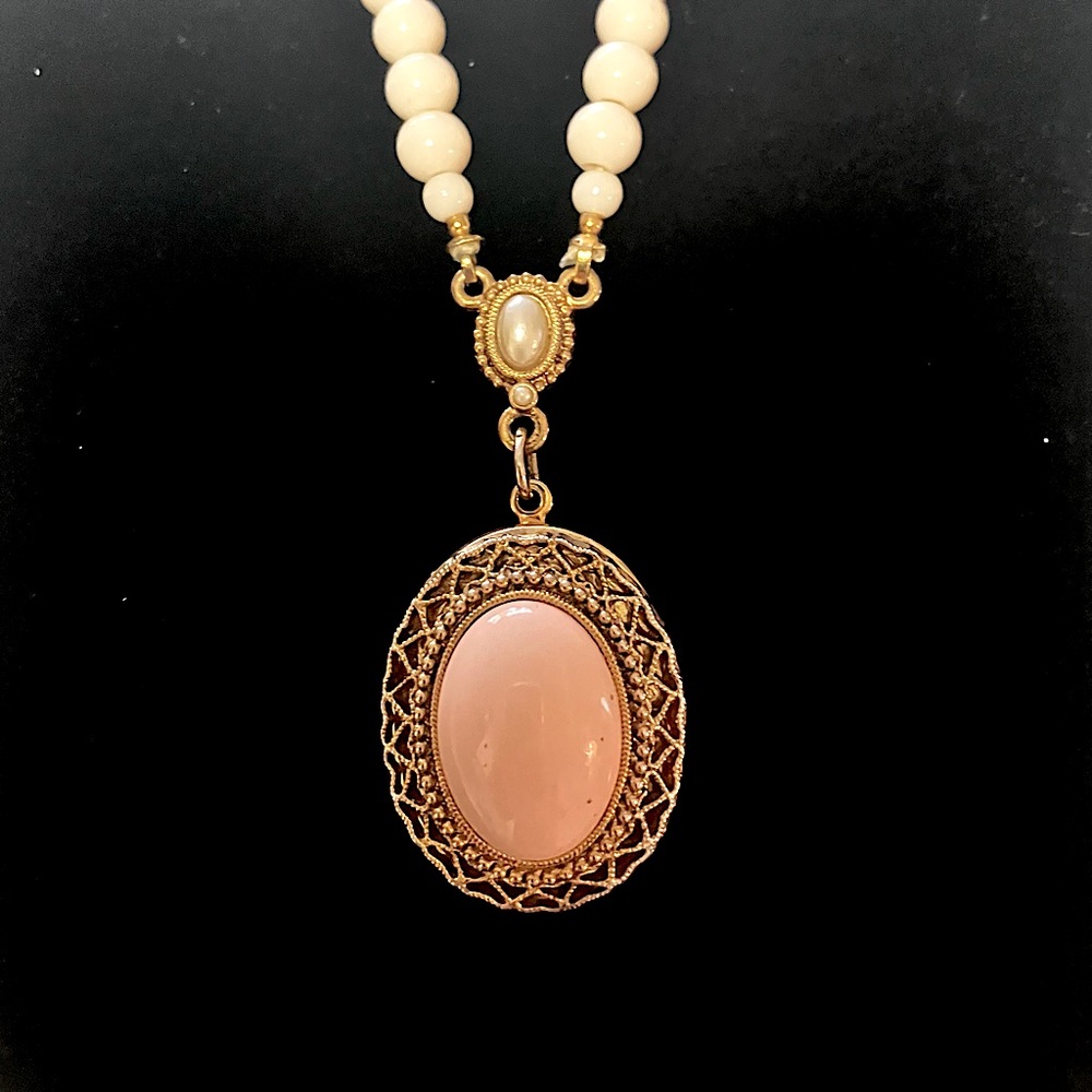 1928 Pendant Locket Necklace, gold tone, pink stone, cream beads